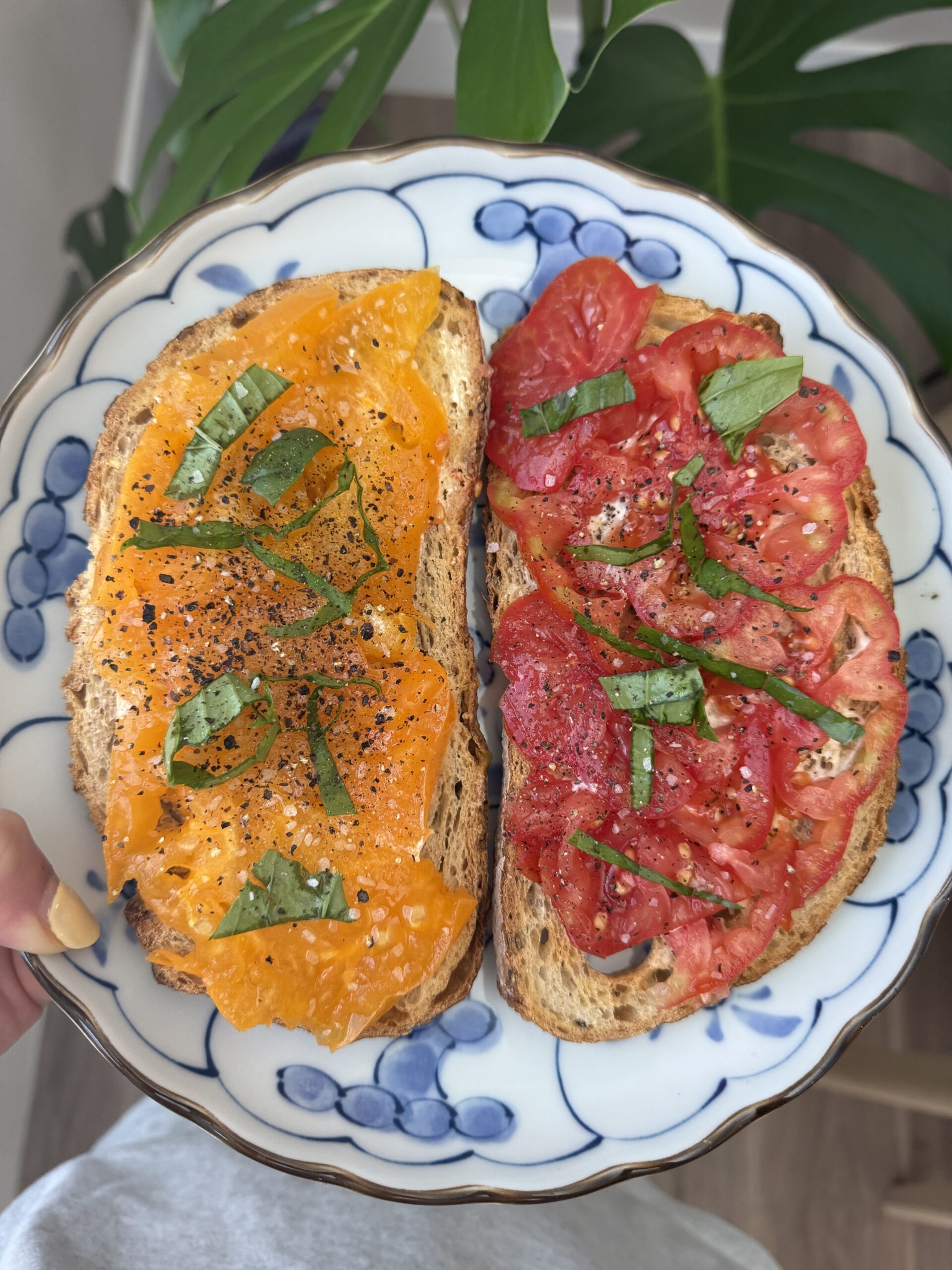 Close-up of sliced heirloom tomatoes on toasted sourdough bread with sea salt